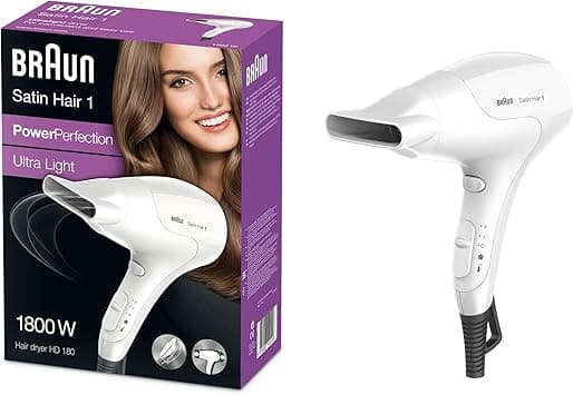 Braun Satin Hair Dryer BRHD180 Power Perfection | 1800 Watts | 2 Heat Settings | Cold Shot | Fast & Easy Drying | Ultra Light | Styline Nozzle - White on Amazon.ae - Price Tracker