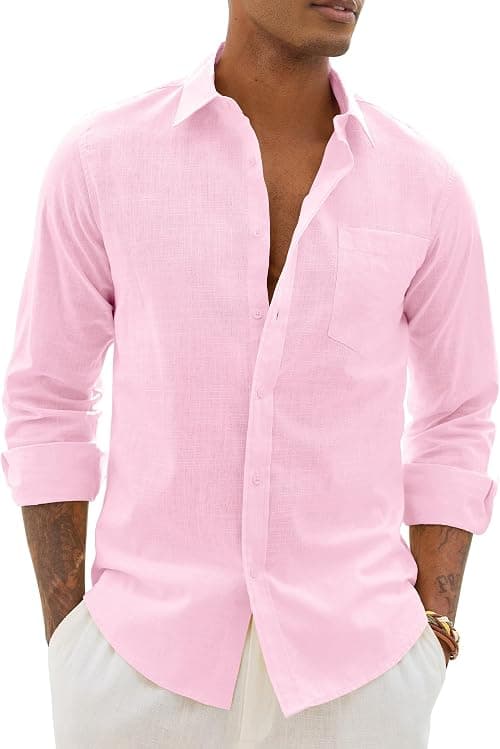 Alimens & Gentle Linen Shirts for Men Long Sleeve Casual Cotton Button Down Shirts Summer Beach Wedding Tops with Pocket على Amazon.ae - متتبع الأسعار