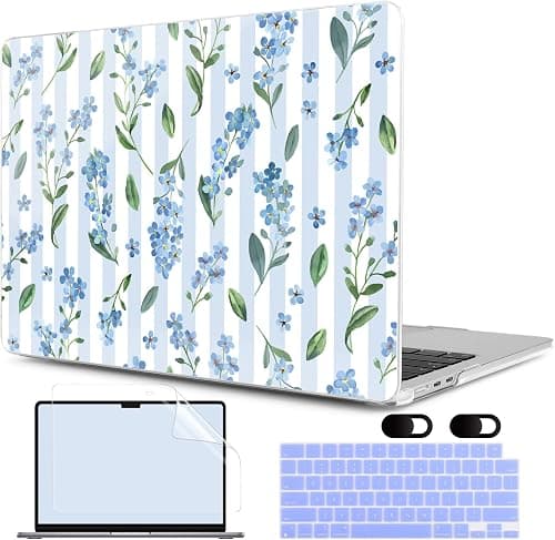 MEEgoodo Case for M5/M4/M3/M2 MacBook Air 13 inch Case 2026 2025 2024 2022, Fit Model A3449/A3240/A3113/A2681, Laptop Hard Shell Compatible with MacBook Air 13.6-inch, Blue Watercolor Flowers&Stripes on Amazon.ae - Price Tracker