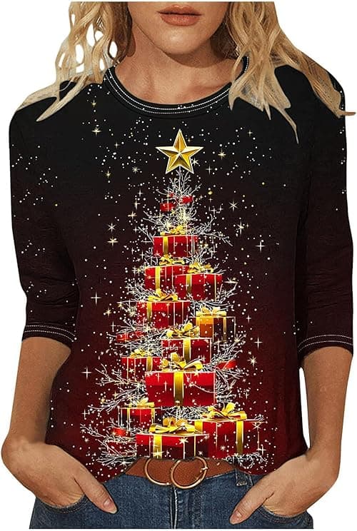 Christmas T Shirts Women Plus Size 3/4 Sleeve Tops Crew Neck T Shirt Novelty Xmas Jumpers Christmas Tree T Shirt Funny Ugly Tops Ladies Xmas T Shirts Dressy Tunics Tops Pullover Blouse on Amazon.ae - Price Tracker