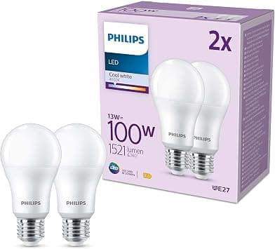 PHILIPS Classic LED E27 Bulb, 100 W, Matte, Neutral White, Non-Dimmable, Plastic, Twin Pack - متتبع أسعار Amazon.sa