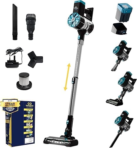 Strongcore Clean Cordless Vacuum Cleaner for Home, Rechargeable Battery, Self-Standing, LED Lights, Multi-Tool Attachments, High-Efficiency Cyclonic HEPA Filtration, Adjustable Handle, Dark Grey on Amazon.ae - Price Tracker