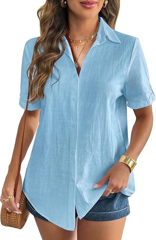 Zeagoo Women Linen Button Down Shirt Rolled Cuffed Short Sleeve Blouse Ladies Summer Casual V Neck Beach Cotton Tops on Amazon.ae - Price Tracker