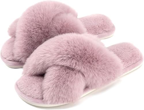 Womens Cross Band Slippers Cozy Furry Fuzzy House Slippers Open Toe Fluffy Indoor Shoes Outdoor Slip on Warm Breathable Anti-skid Sole على Amazon.ae - متتبع الأسعار