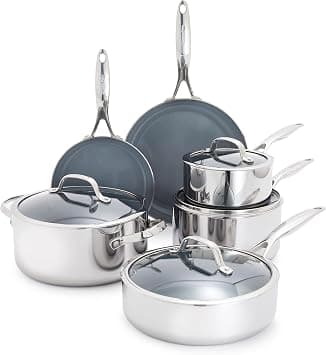 GreenPan Valencia Pro Tri-Ply Stainless Steel 10 Piece Cookware Pots and Pans Set, Healthy Ceramic Nonstick PFAS-Free PFOA-Free Coating, Multi Clad, Induction, Dishwasher Oven and Broiler Safe على Amazon.ae - متتبع الأسعار