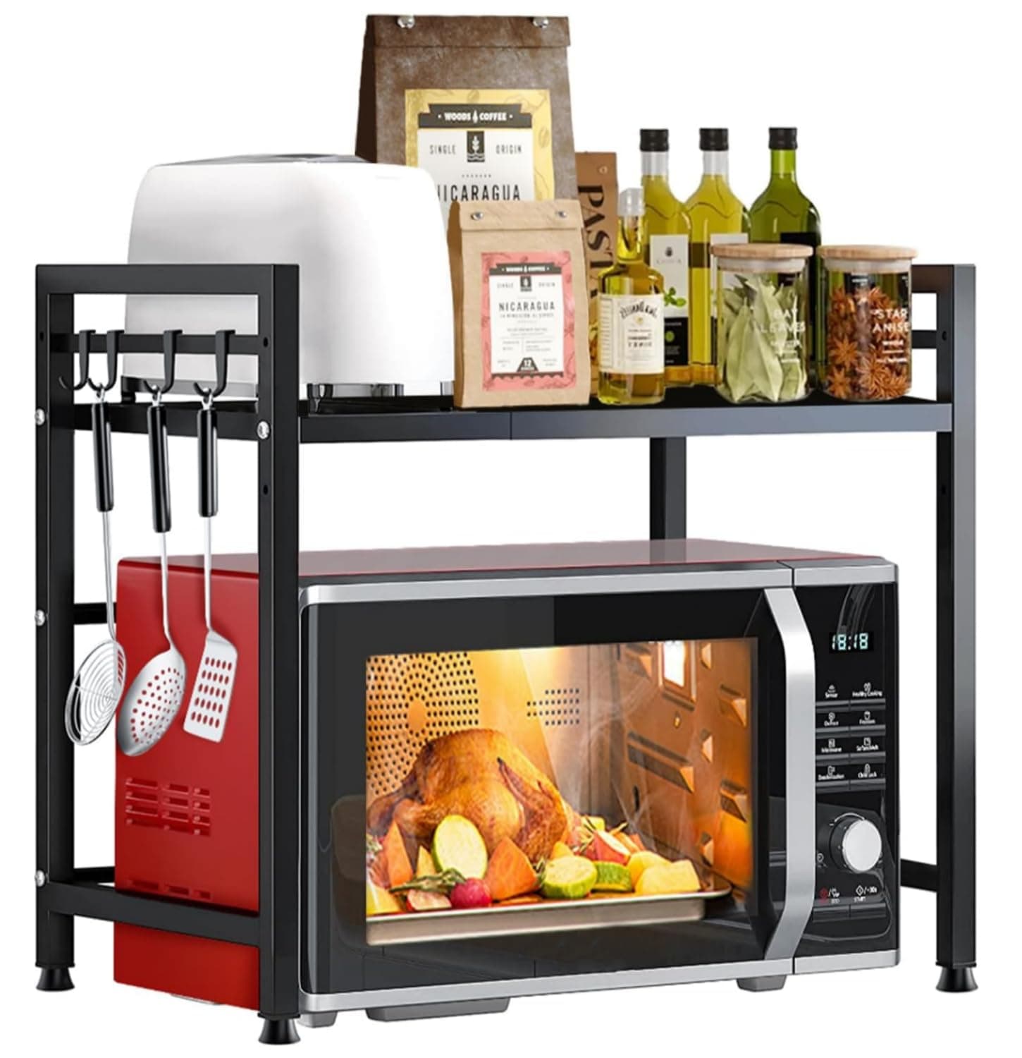 SKY-TOUCH Microwave Oven Rack, Expandable Microwave Stand with 6 Hooks, Kitchen Utensils Tableware Storage for Kitchen Dining Room on Amazon.ae - Price Tracker