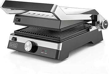 BLACK+DECKER Family Health Grill with 180° Hinge, 2000W, 1500cm² BBQ Area, 5-Level Height Adjustment, Variable Temperature Control, Removable Drip Tray, Cool-Touch Handle, Black/Silver - CG2000-B5 on Amazon.ae - Price Tracker