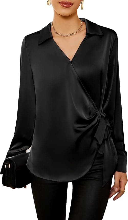 GRACE KARIN Women's Satin Silk Blouses Wrap V Neck Shirts Long Sleeve Elegant Tie Waist Office Formal Work Tunic PulloverTops on Amazon.ae - Price Tracker