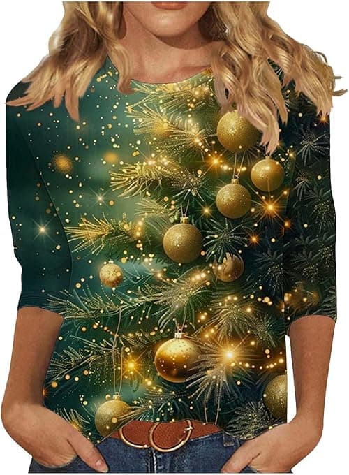 Christmas Tops for Women - Novelty, Santa Funny Graphic, Merry Christmas, Snowman, Xmas Tree, Snowflake, Elk Print, Crew Neck, 3/4 Sleeve, Pullover, Holiday, Party, Xmas T Shirts on Amazon.ae - Price Tracker