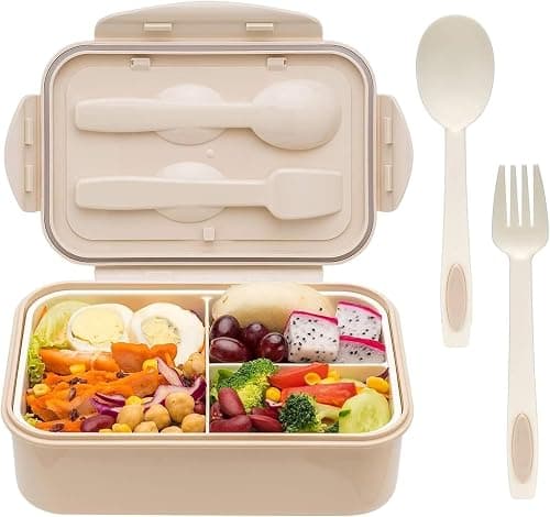Bento Box for Kids and Adults, 3 Compartments 1400ml Lunch Box with Reusable Spoon and Fork, Leakproof Food Container, Perfect for School, Nursery, Work & Trips, Microwave Safe, Khaki on Amazon.ae - Price Tracker