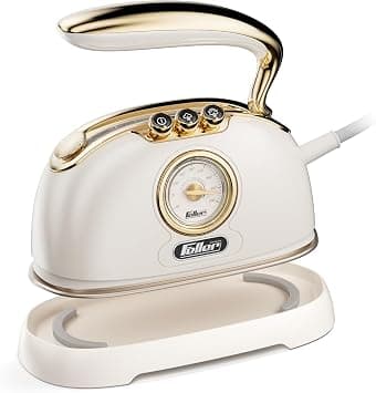 Feller Germany SI290 GL Vintage Steam Iron 1750W, Cream Gold Retro Design, Ceramic Soleplate, Vertical Steam, Auto Shut-Off, Travel Case Gift Set for Wedding, Anniversary, Birthday, Housewarming على Amazon.ae - متتبع الأسعار