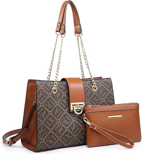 Dasein Women Fashion Tote Bags Handbag Purse Chain Shoulder Bag Top Handle Bag Hobo With Matching Clutch (Monogrammed Coffee 1) on Amazon.ae - Price Tracker