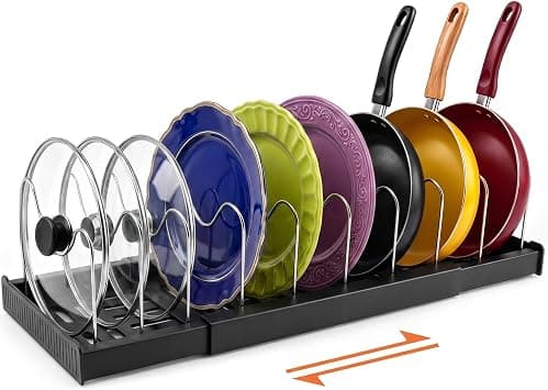 Expandable Pot Rack, Pot Lid Holder with 10 Adjustable Compartment for Kitchen Cabinet, حامل أغطية الأواني Pan Lid Holder Organizer Storage Rack for Cabinet (Black) على Amazon.ae - متتبع الأسعار