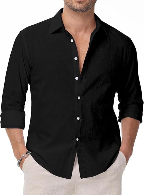 Linen Shirts for Men Casual Button Down Long Sleeve Shirt Solid Summer Beach Hawaiian Shirts on Amazon.ae - Price Tracker