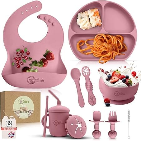 O’doe 11-Piece Baby Weaning Set | Silicone Feeding Supplies for Toddlers | BPA-Free Suction Bowl, Plates, Bibs, Sippy Cup, Baby Spoon, Fork, Food Containers & Newborn Gift Set on Amazon.ae - Price Tracker