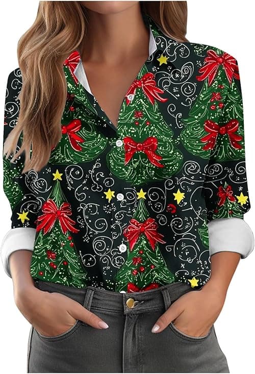 Christmas Tops for Women UK Funny Christmas Jumper Oversized Button Up Shirts Long Sleeve Tops V Neck Blouses Xmas Tree Snowflake Print Blouse Novelty Jumpers Rude Dressy Xmas Shirt on Amazon.ae - Price Tracker
