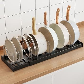 Mustorn Pots and Pans Organizer Under Cabinet, 22" Expandable Food Storage Container Lid Organizers with 9 Adjustable Dividers Pot and Pan Lid Holders Rack Inside Cabinet/Countertop(1 Pack, Black) على Amazon.ae - متتبع الأسعار
