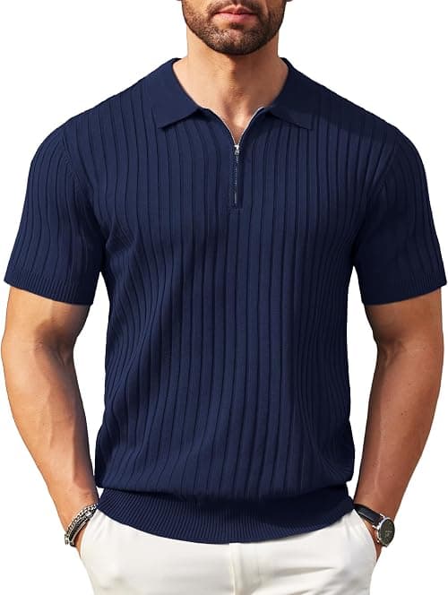 COOFANDY Men's Zipper Polo Shirts Short Sleeve Ribbed Knit Polo T Shirts Fashion Casual Golf Shirts on Amazon.ae - Price Tracker