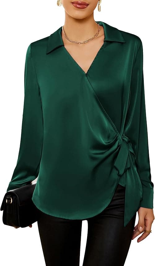 GRACE KARIN Women's Satin Silk Blouses Wrap V Neck Shirts Long Sleeve Elegant Tie Waist Office Formal Work Tunic PulloverTops on Amazon.ae - Price Tracker