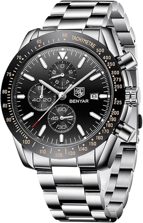 BY BENYAR Watch for Men Silver Stainless Steel Mens Watches 30M Waterproof Analog Quartz Movement Wrist Watch Gifts for Men على Amazon.ae - متتبع الأسعار