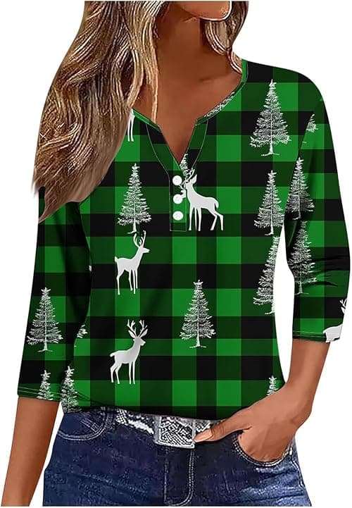 Christmas T Shirts Women Funny Ugly Christmas Jumpers V Neck T Shirts Henley Tops Long Sleeve Blouses Cute Santa Reindeer Tree Print Jumper Tunic Shirt Casual Holiday Pullover Blouse on Amazon.ae - Price Tracker