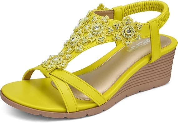 TEMOFON Womens Sandals Wedge Low: Summer Open Toe Wedges - Dressy Casual Elastic Ankle Strap Platform - Comfortable Rhinestone Flower Sandals on Amazon.ae - Price Tracker