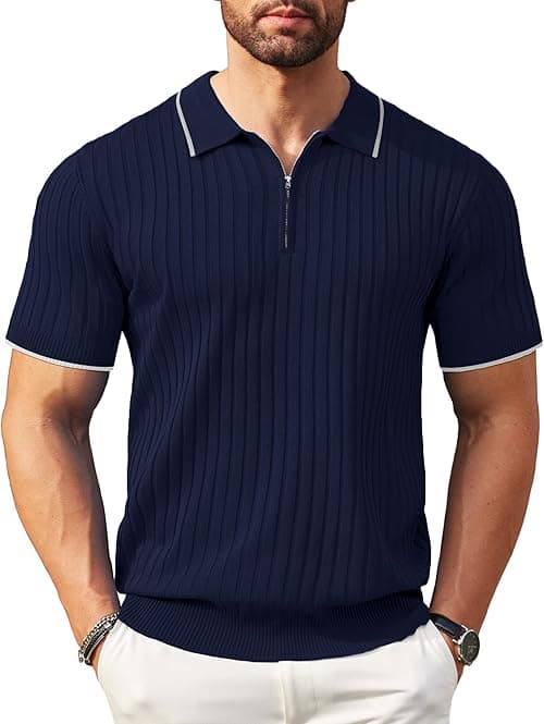 COOFANDY Men's Zipper Polo Shirts Short Sleeve Ribbed Knit Polo T Shirts Fashion Casual Golf Shirts on Amazon.ae - Price Tracker