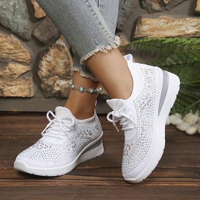 Women's Rhinestone Wedge Sneakers Lace‑Up Platform Walking Casual Shoes on Amazon.ae - Price Tracker