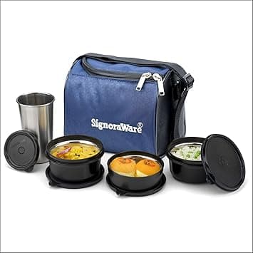 Signora Ware Monarch Best Microwave Safe Steel Lunch Box (3 Stainless Steel Containers + Steel Tumbler + Insulated Bag, 350Ml+350Ml+200Ml +370Ml Steel Tumbler, Set of 4, (Color May Vary) - Amazon.ae Price Tracker