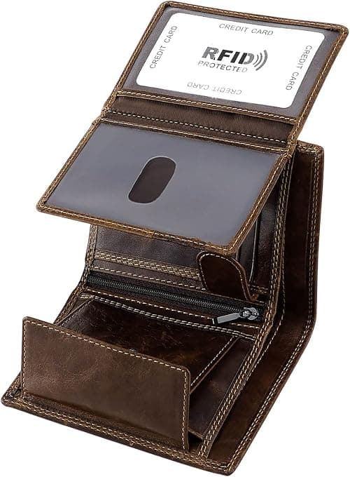 Trifold Billfold RFID Blocking Cowhide Leather Wallet for Men 10 Card Slots 2 ID Windows with Coin Pocket on Amazon - Best Deal Finder