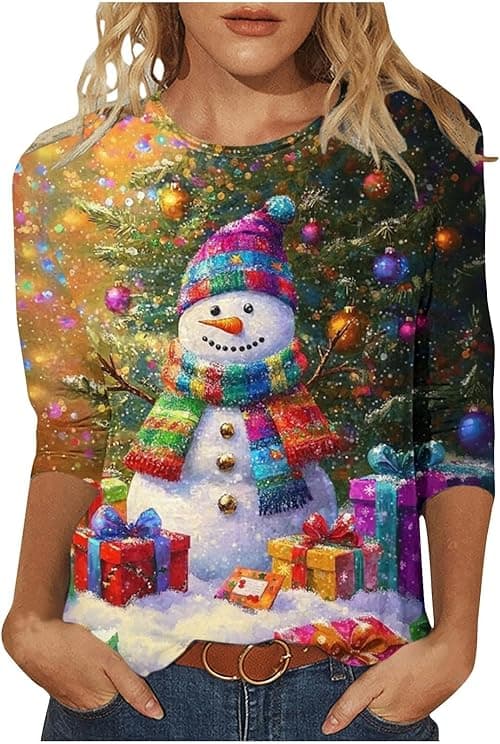 Womens Christmas Tops Funny Xmas Tops Plus Size 3/4 Sleeve Round Neck Blouses Xmas Tree Snowflake Santa Printed Funny Ugly Christmas Jumper Loose Blouse Oversized T Shirts Sweatshirt on Amazon.ae - Price Tracker