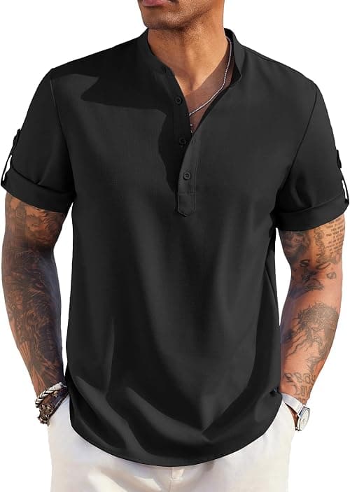 COOFANDY Men's Casual Henley Shirt Short Sleeve Band Collar Linen Shirt Summer Beach Hippie T-Shirts على Amazon.ae - متتبع الأسعار