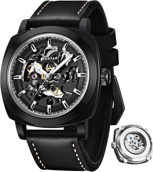 Benyar Watch Men Automatic Mechanical Men's Watches Golden Movement 45 mm Skeleton Dial Water and Scratch Resistant Leather Strap Elegant Gift for Men on Amazon.sa - Price Tracker