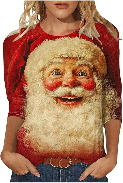 Christmas T-Shirts Women Ugly Xmas Jumper Plus Size 3/4 Sleeve Tops Round Neck Blouses Funny Graphic Reindeer Santa Xmas Jumper Cute Christmas Casual Tunic Top Oversized Gym T Shirts on Amazon.ae - Price Tracker