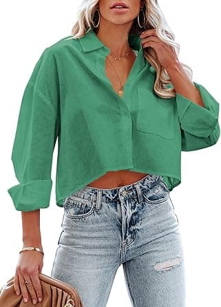 Tankaneo Womens Button Down Cropped Shirts Long Sleeve Casual Crop Tops Solid Lapel Blouse Shirt with Chest Pocket on Amazon.ae - Price Tracker