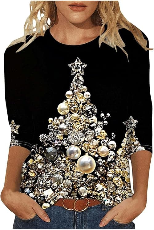 Christmas Tops for Women Funny Xmas T Shirts 3/4 Sleeve Tops Round Neck Blouses Xmas Tree Santa Elk Snowflake Print Tshirt Merry Christmas Jumper Pullover Dressy Blouses Plus Size on Amazon.ae - Price Tracker