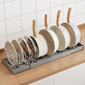 Mustorn Expandable Pan Lid Holder, Anti-scratch Pots and Pans Organiser Retractable Food Container Lid Organisers Pan Organiser for Cupboard with Adjustable 9 Dividers Baking Tray Storage Rack (Gray) on Amazon.ae - Price Tracker