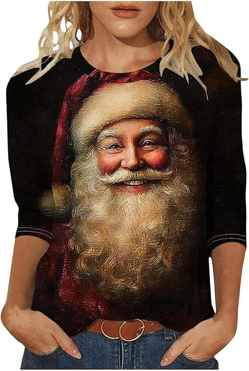 Christmas T-Shirts Women Ugly Xmas Jumper Plus Size 3/4 Sleeve Tops Round Neck Blouses Funny Graphic Reindeer Santa Xmas Jumper Cute Christmas Casual Tunic Top Oversized Gym T Shirts on Amazon.ae - Price Tracker