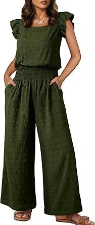 Dokotoo Women's Casual Loose Overalls Jumpsuits One Piece Short Sleeve Wide Leg Smocked Waisted Long Pant Rompers on Amazon.ae - Price Tracker