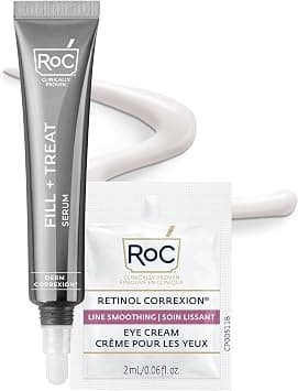 RoC Derm Correxion Fill + Treat Advanced Retinol Serum, Hyaluronic Acid Wrinkle Filler Treatment for Crow's Feet, 11 Wrinkles, & Laugh Lines, Stocking Stuffer, (.5 fl oz) with Retinol Packette على Amazon.ae - متتبع الأسعار