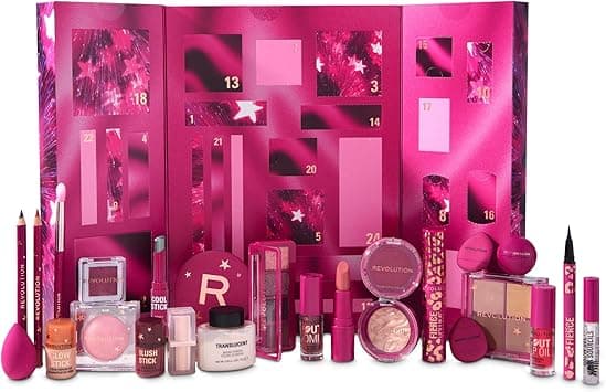 Revolution Makeup Advent Calendar 2025, 24 Beauty Must-haves, Gift Set with Lip Gloss, Highlighter, Blush, Brushes & Mascara, Vegan and Cruelty Free on Amazon.ae - Price Tracker