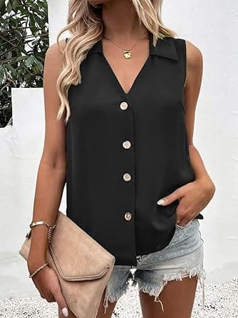 Women's Solid Color V-Neck Loose Chiffon Blouse Sleeveless Button-Down Vest Shirt on Amazon.ae - Price Tracker