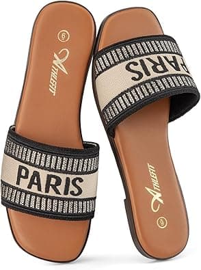 Athlefit Summer Black Flat Sandals for Women Comfortable Slip On Slide Sandals 2024 Fashion على Amazon.ae - متتبع الأسعار