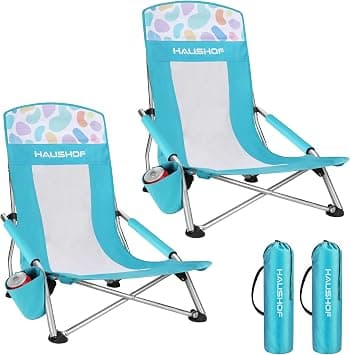 HAUSHOF High Back Beach Chair, Mesh Back Folding Chair, Lightweight Low Seat Camping Chairs with Cup Holder, Carry Bag, Padded Armrest for Outdoor Beach Lawn Camping (2, Blue, Standard) on Amazon.ae - Price Tracker