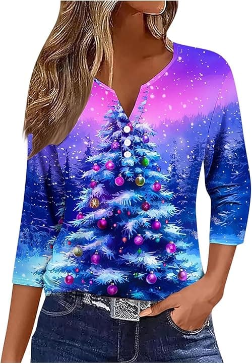 Christmas T Shirts Women Funny Ugly Christmas Jumpers V Neck T Shirts Henley Tops Long Sleeve Blouses Cute Santa Reindeer Tree Print Jumper Tunic Shirt Casual Holiday Pullover Blouse on Amazon.ae - Price Tracker
