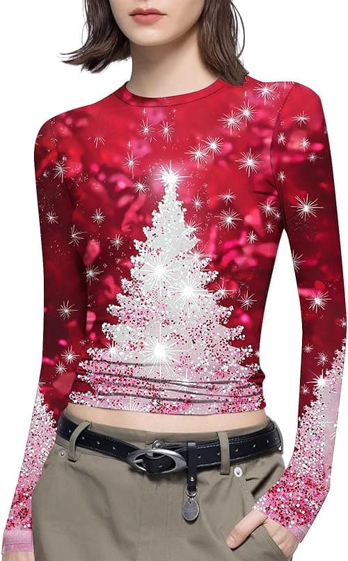 Christmas T Shirts Women Funny Xmas Tee Shirts Bodycon Top Long Sleeve T Round Neck Blouses Xmas Tree Funny Snowflakes Graphic T-Shirts Party Tops Pullover Novelty Christmas Top on Amazon.ae - Price Tracker