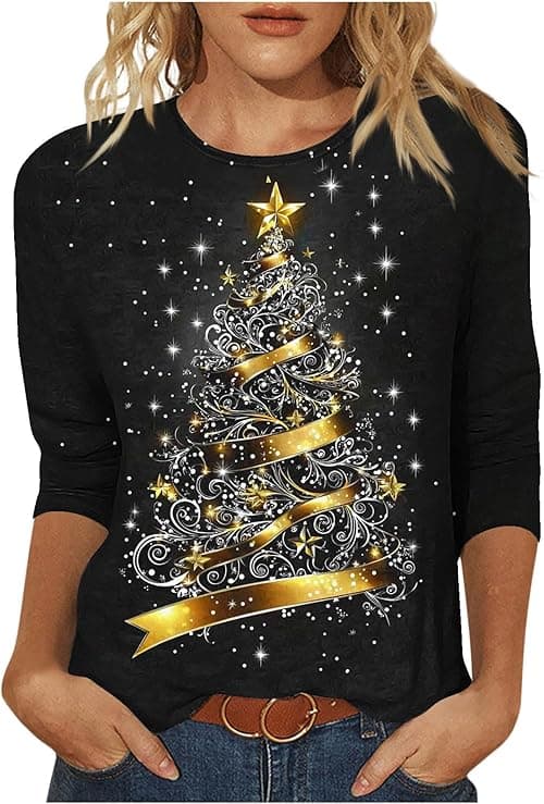 Christmas T Shirts Women Ugly Christmas Jumper Ladies Round Neck 3/4 Sleeve T Shirt Xmas Tree Snowflake Santa Printed Tops T-Shirt Tunic Jumpers Dressy Tunic Top Going Out Blouse on Amazon.ae - Price Tracker