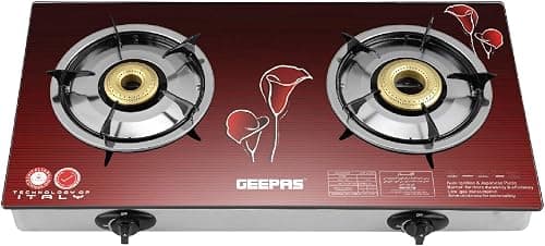 Geepas-Gas Cooker, 2 Burner Glass Top Gas Stove, GK5602 | Stainless Steel Frame & Tray | Auto Piezo Ignition | LPG with 2800pa | Iron Mixing Tube على Amazon.ae - متتبع الأسعار