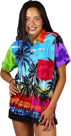 V.H.O. Funky Hawaiibluse Hawaiihemd Damen Kurzarm Fronttasche Hawaii-Print Strand Beach Palmen Diverse Farben on Amazon.ae - Price Tracker