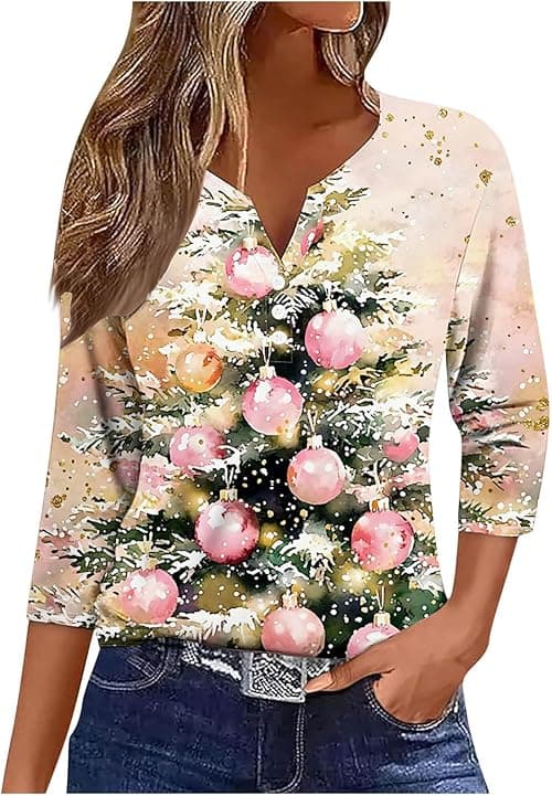 Christmas T Shirts Women Funny Ugly Christmas Jumpers V Neck T Shirts Henley Tops Long Sleeve Blouses Cute Santa Reindeer Tree Print Jumper Tunic Shirt Casual Holiday Pullover Blouse on Amazon.ae - Price Tracker